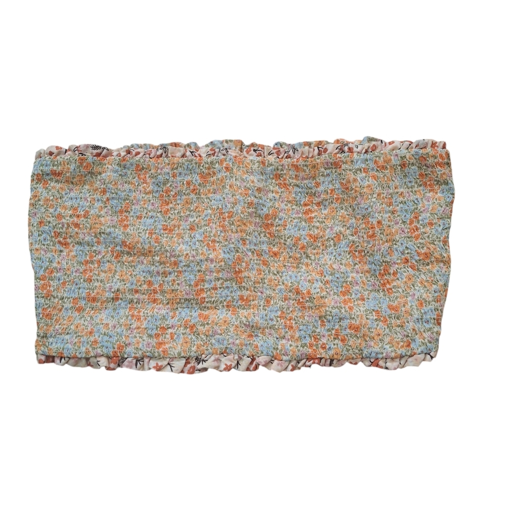 American Eagle Cotton Ruched Strapless Tube Top, Colorful Floral Ditsy, Sz L
